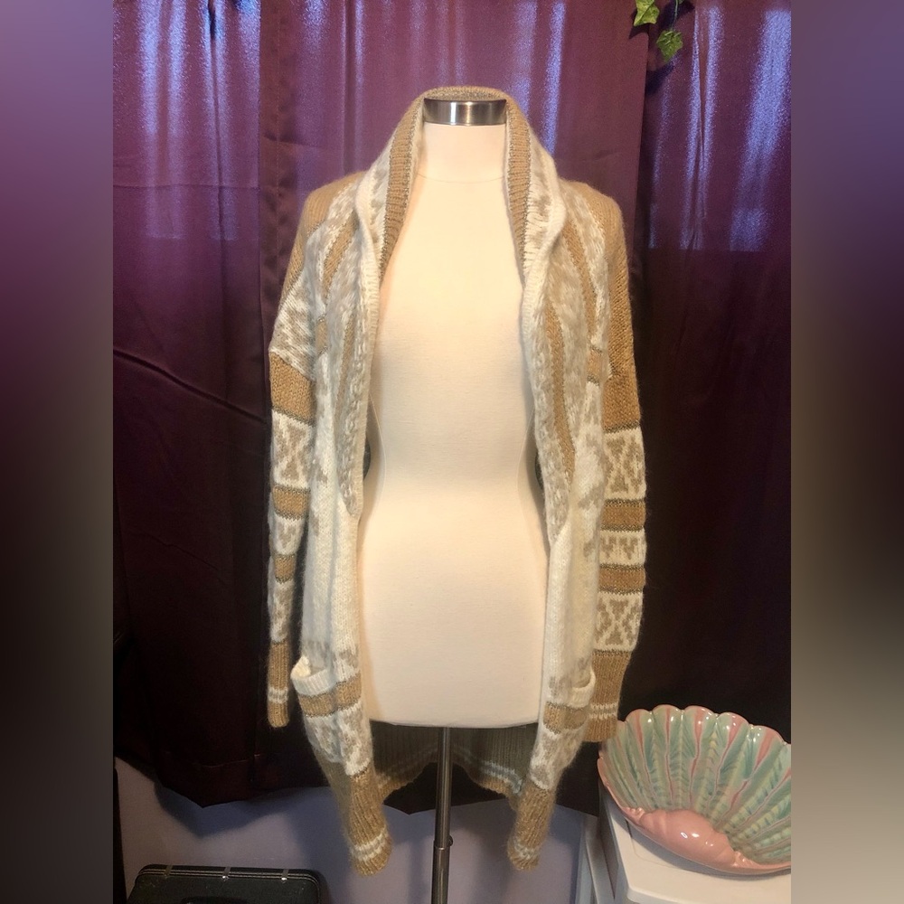 Juicy Couture Palm Trees Long Open Sweater Cardigan Mohair Wool Blend Cream Tan - Picture 2 of 6